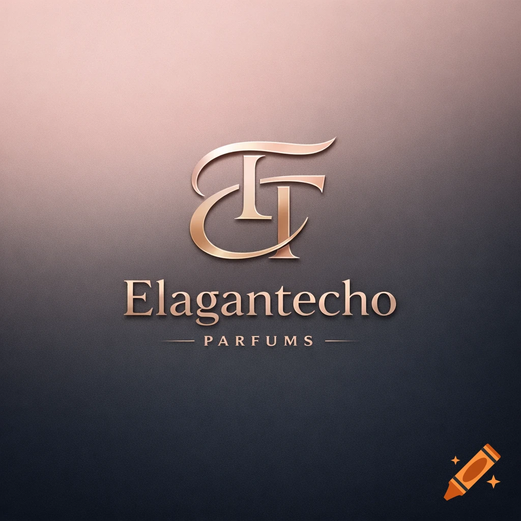 A luxurious gold perfume logo on a dark gradient background, featuring intertwined stylized letters and the name Elagantecho PARFUMS.