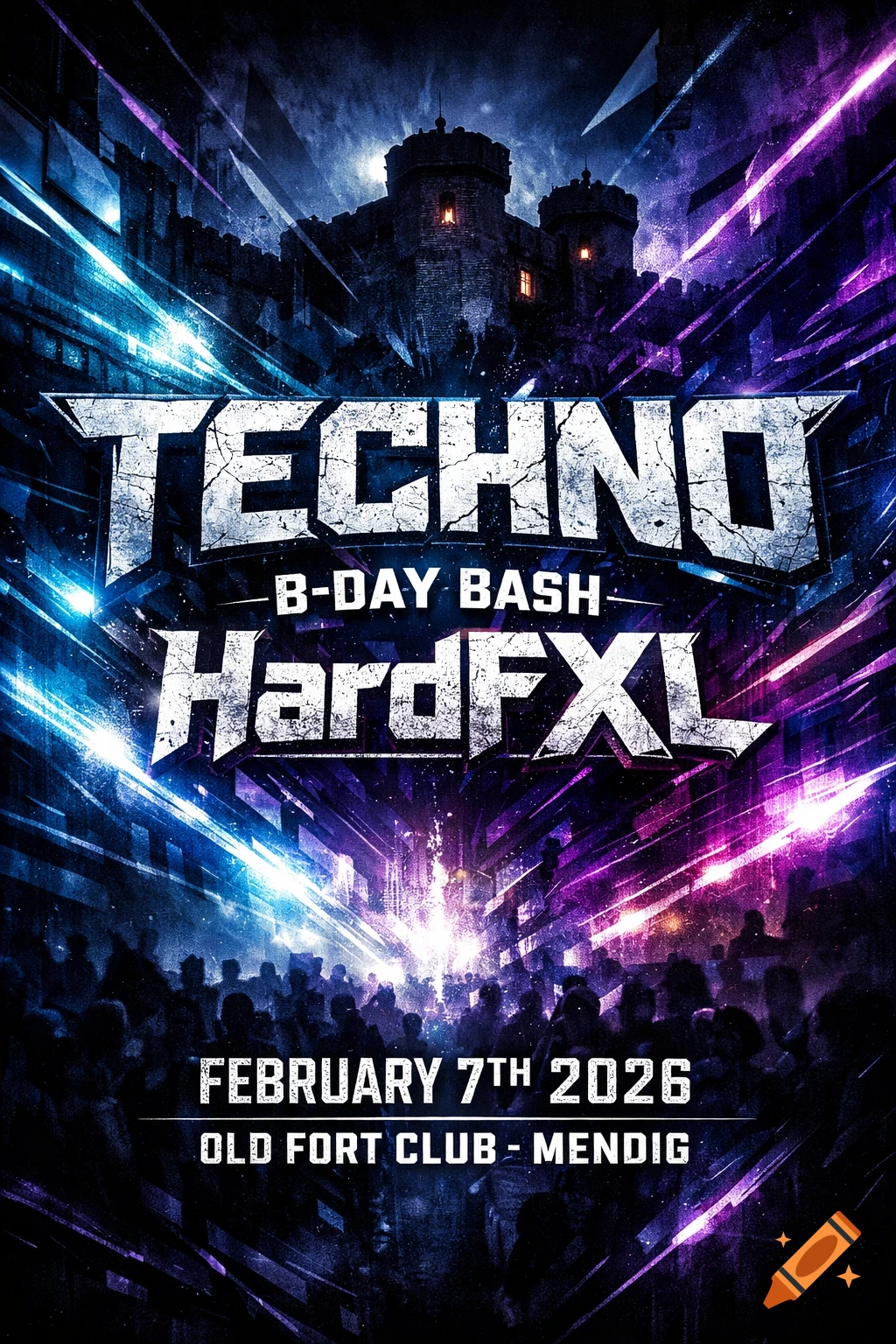 Dark techno event flyer featuring a castle, abstract blue and purple light rays, and a silhouetted crowd, with event details.
