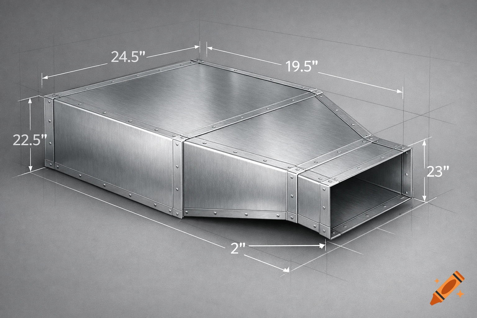 A metallic duct transitioning in size, labeled with dimensions 24.5", 22.5", 19.5", 23", and 2" in a photorealistic style.
