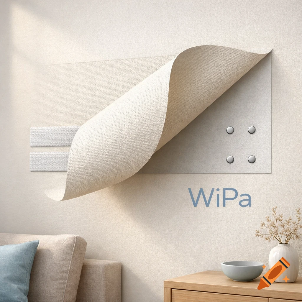 Beige textured wallpaper peels from a light wall, revealing white velcro strips and four silver magnetic studs, with 'WiPa' text below. Modern interior.