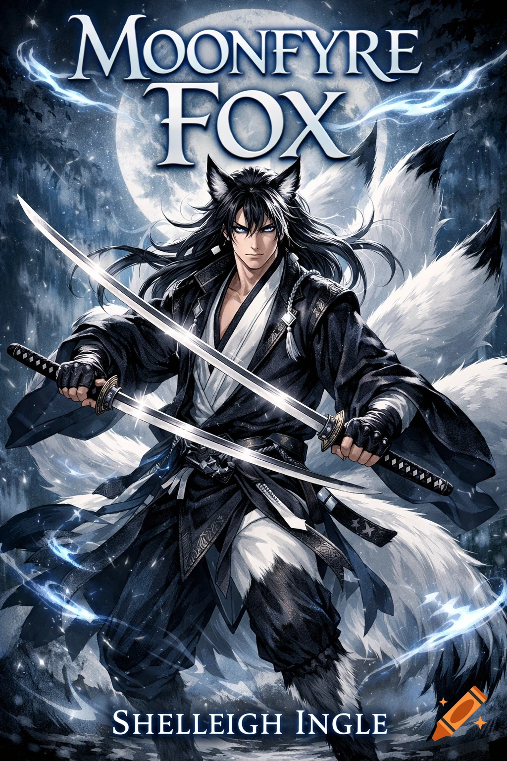 Anime-style book cover featuring a male kitsune with black hair, fox ears, and three white tails, wielding twin katanas under a full moon.