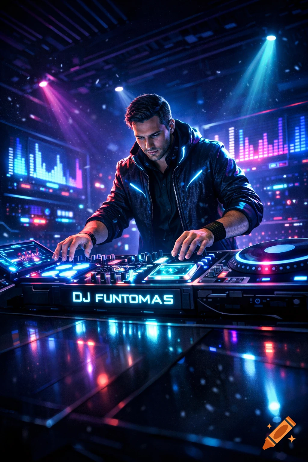 A futuristic DJ, 'DJ FUNTOMAS', mixing music on a neon-lit console in a club with vibrant blue and pink lights.
