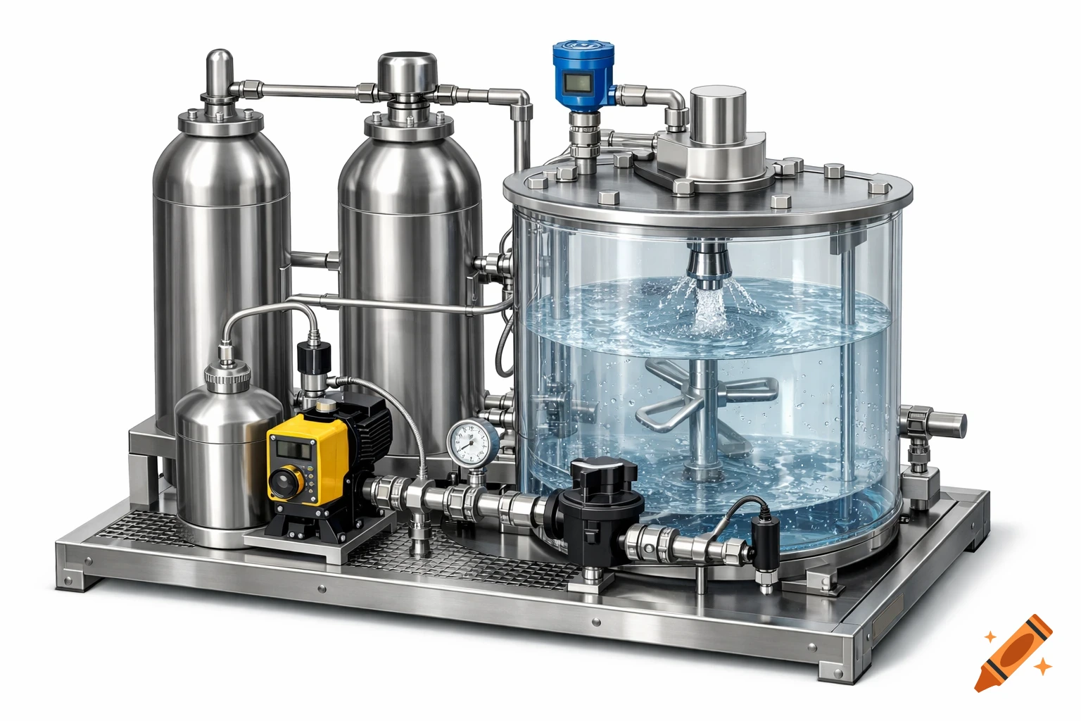 Photorealistic image of a stainless steel industrial CIP skid system with tanks, pumps, gauges, and a clear mixing vessel with splashing water.