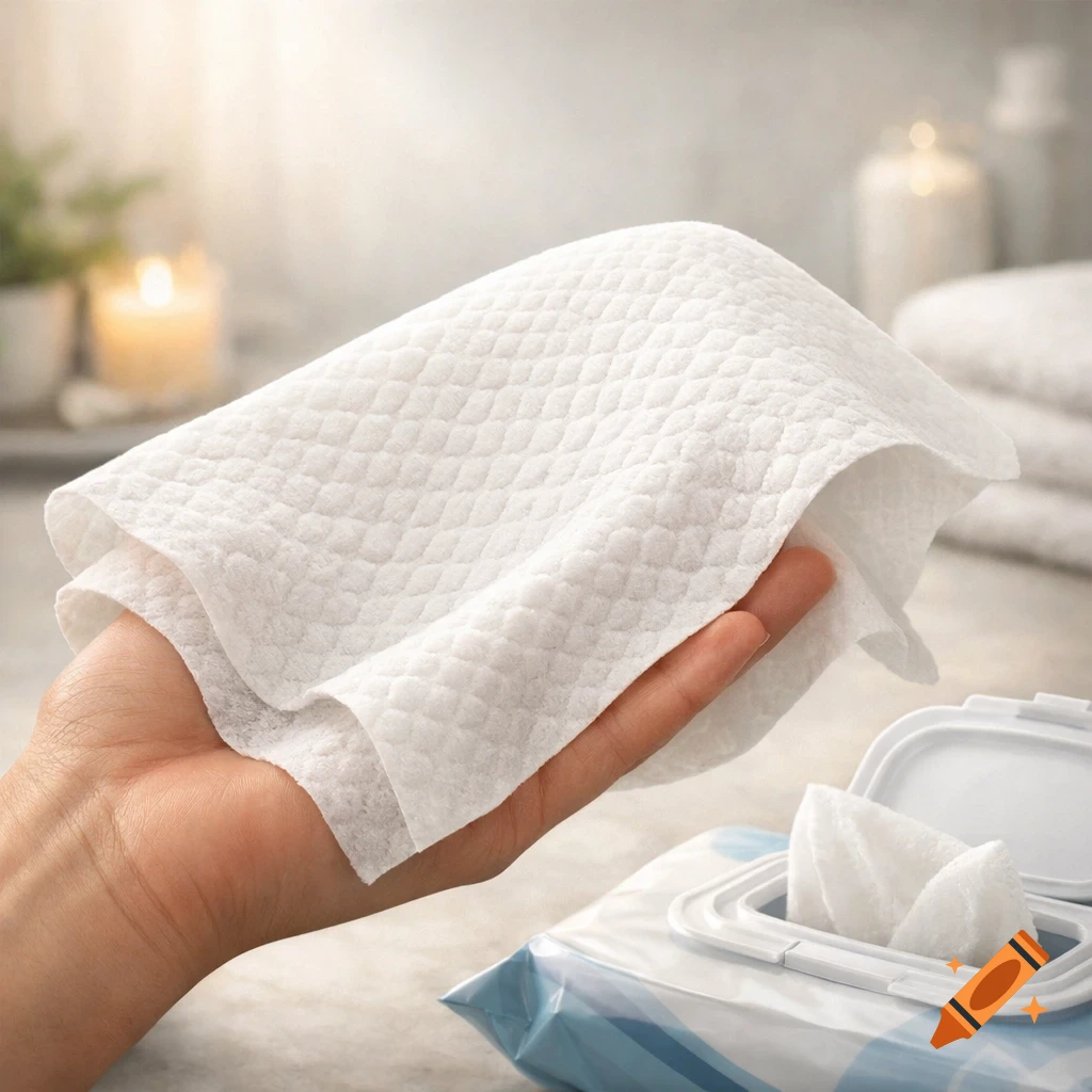 Close-up of a hand holding a white textured wipe over an open pack of wipes in a soft-lit bathroom.