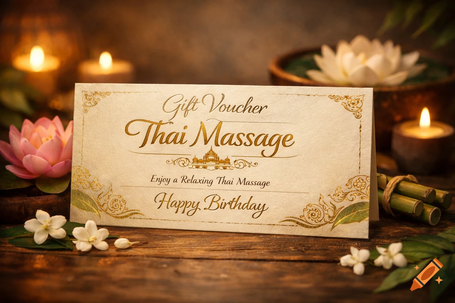 A photorealistic gift voucher for a Thai massage, surrounded by lit candles, pink and white lotus flowers, and bamboo on a rustic wooden table.