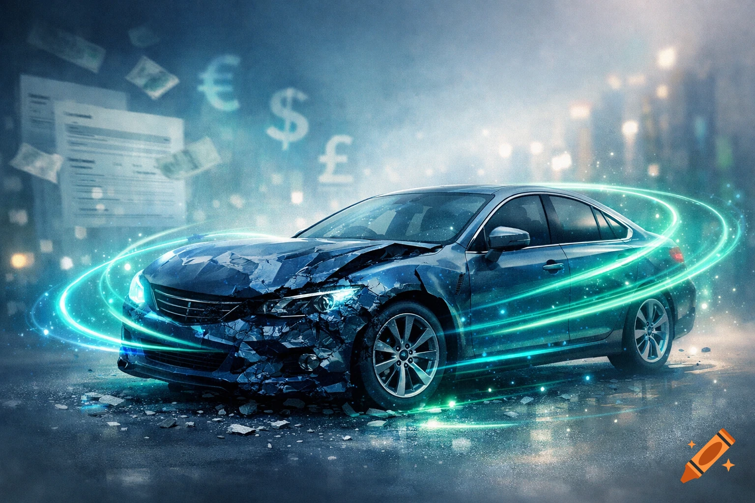 A blue car with front-end collision damage is surrounded by glowing blue and green rings, with currency symbols and documents floating in the blurry background, against a dark, misty city backdrop.