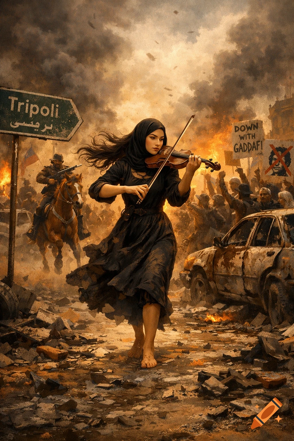 A woman in a hijab plays a violin barefoot amidst the rubble of a war-torn street, with a "Tripoli" sign and protesters holding anti-Gaddafi signs in the background.