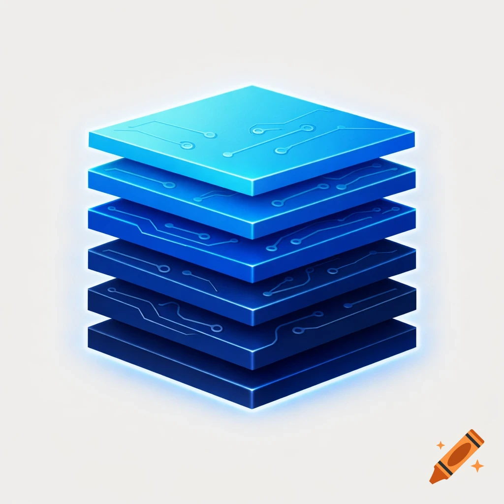 Stacked blue square layers with glowing circuit board patterns, representing data or technology.