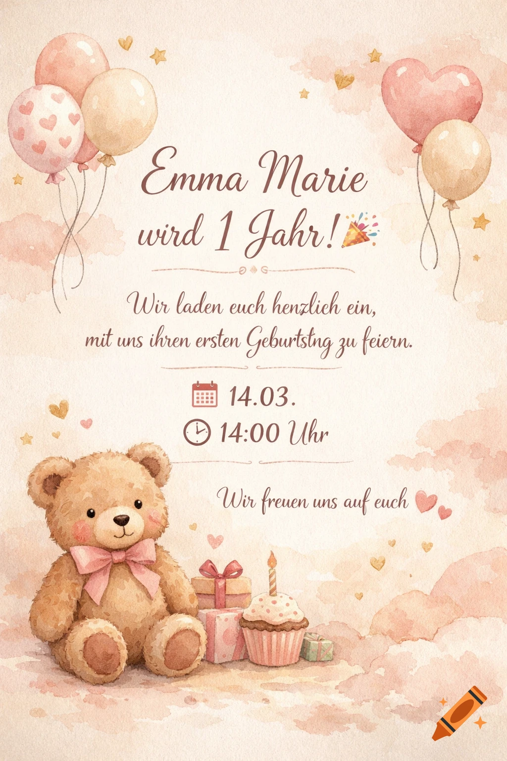 A watercolor birthday invitation with a teddy bear, balloons, gifts, and a cupcake. The text reads: 'Emma Marie wird 1 Jahr!'