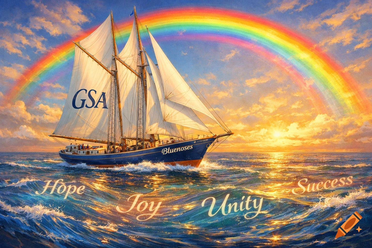 Blue sailboat with 'GSA' on sail, 'Bluenoses' on hull, under rainbow and sunset. 'Hope', 'Joy', 'Unity', 'Success' on ocean waves.