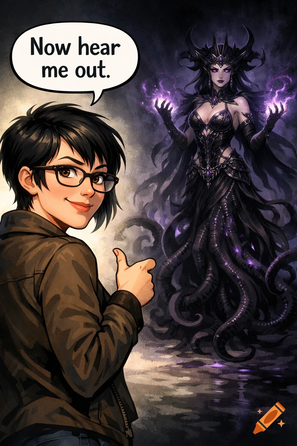 Digital illustration of a person in glasses saying 'Now hear me out' to a dark eldritch sorceress with magic tentacles.