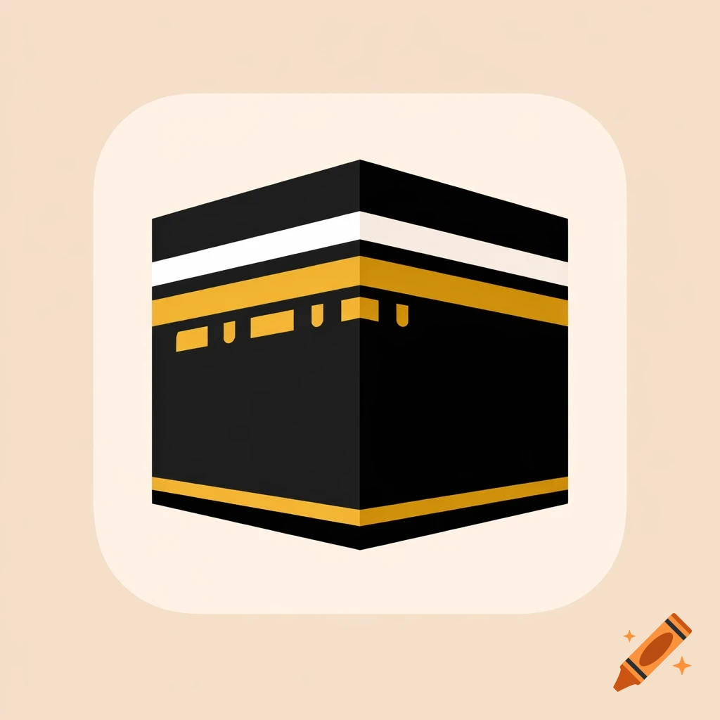 A simplified, geometric flat vector illustration of the Kaaba in black, gold, and white, set against a soft beige rounded square background.