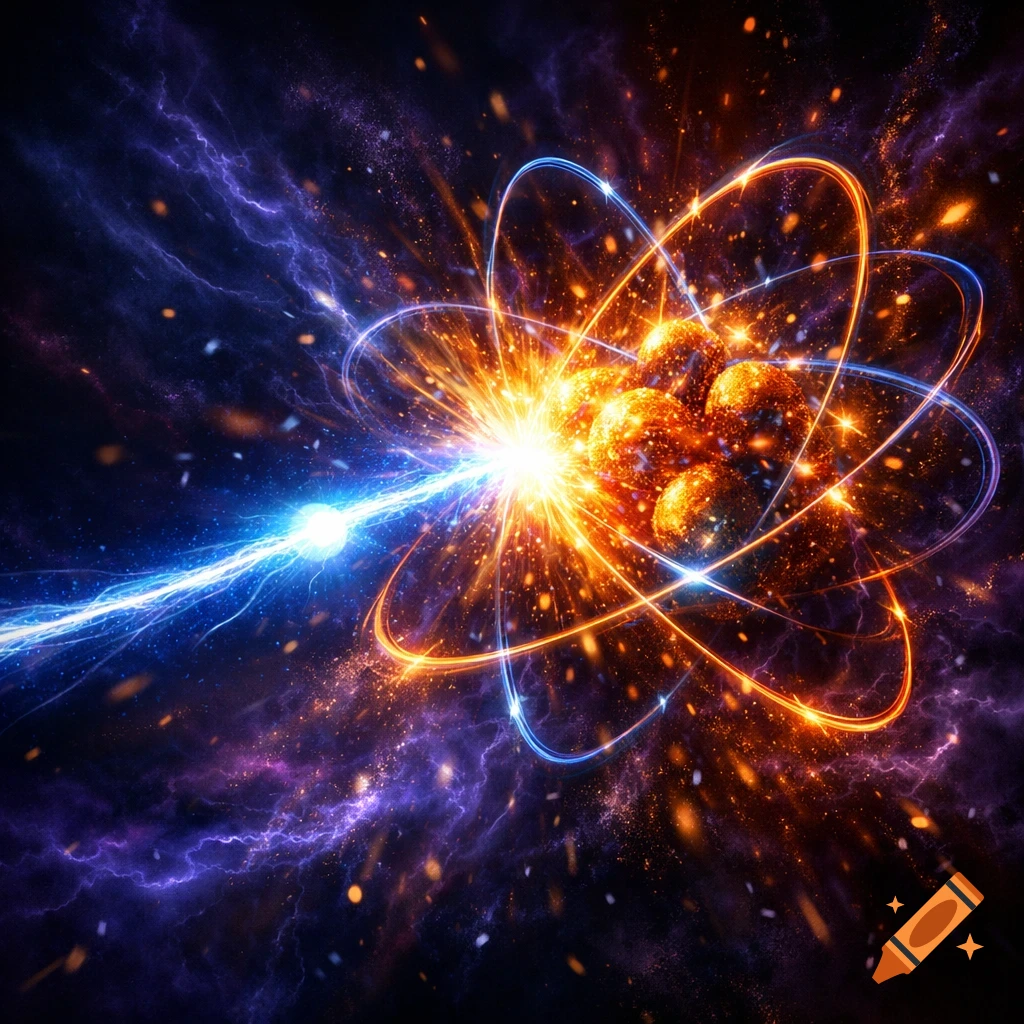 A bright blue energy beam hits a glowing orange atomic nucleus with orbiting electrons, causing a vibrant explosion of light and sparks in space.