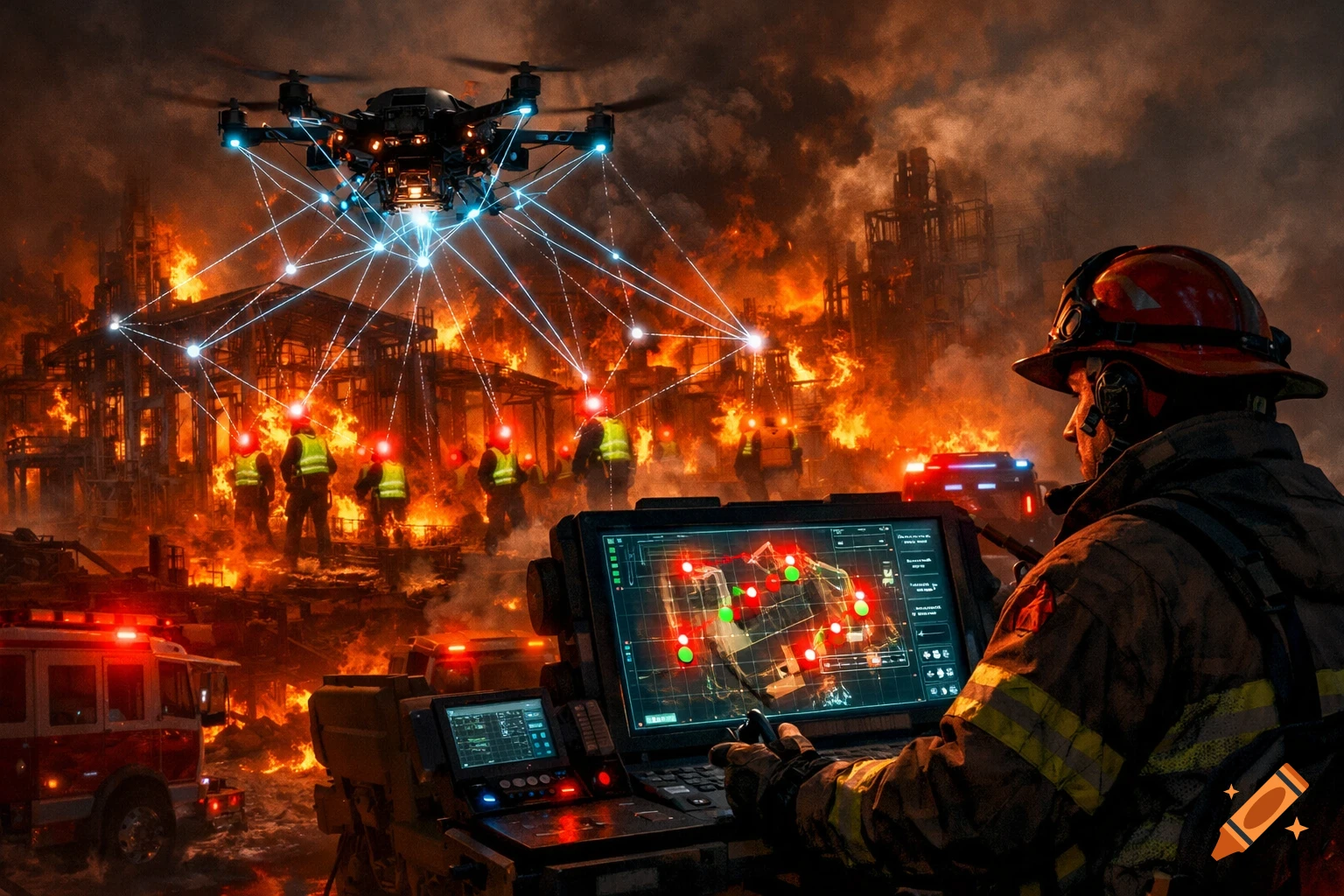 A firefighter operates a drone remote control with a map, overseeing a burning factory where a drone tracks rescue personnel in green vests amidst flames and smoke.