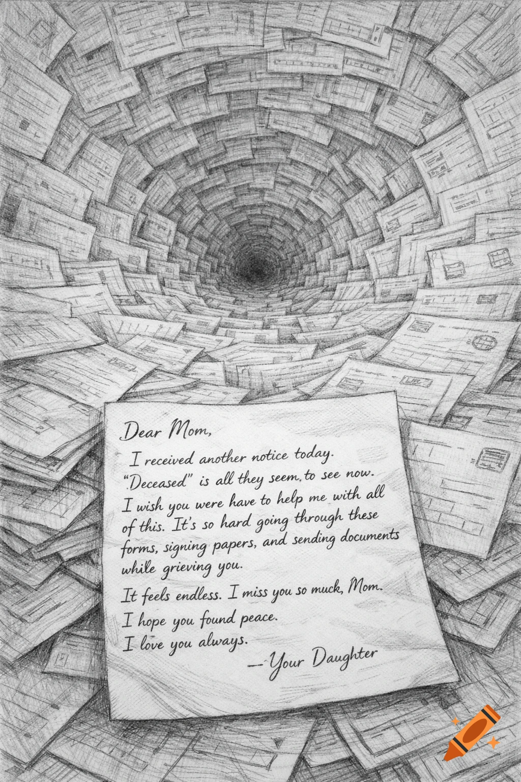 A pencil drawing of a handwritten letter to a deceased mother, surrounded by an endless tunnel of bureaucratic papers and forms creating a vanishing point effect.