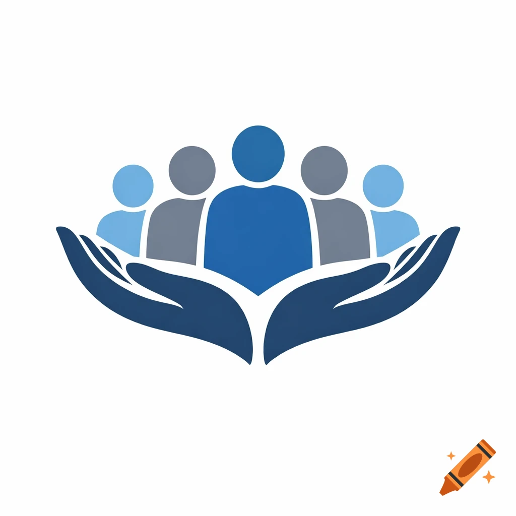 A blue and gray logo showing two cupped hands supporting five abstract human figures.