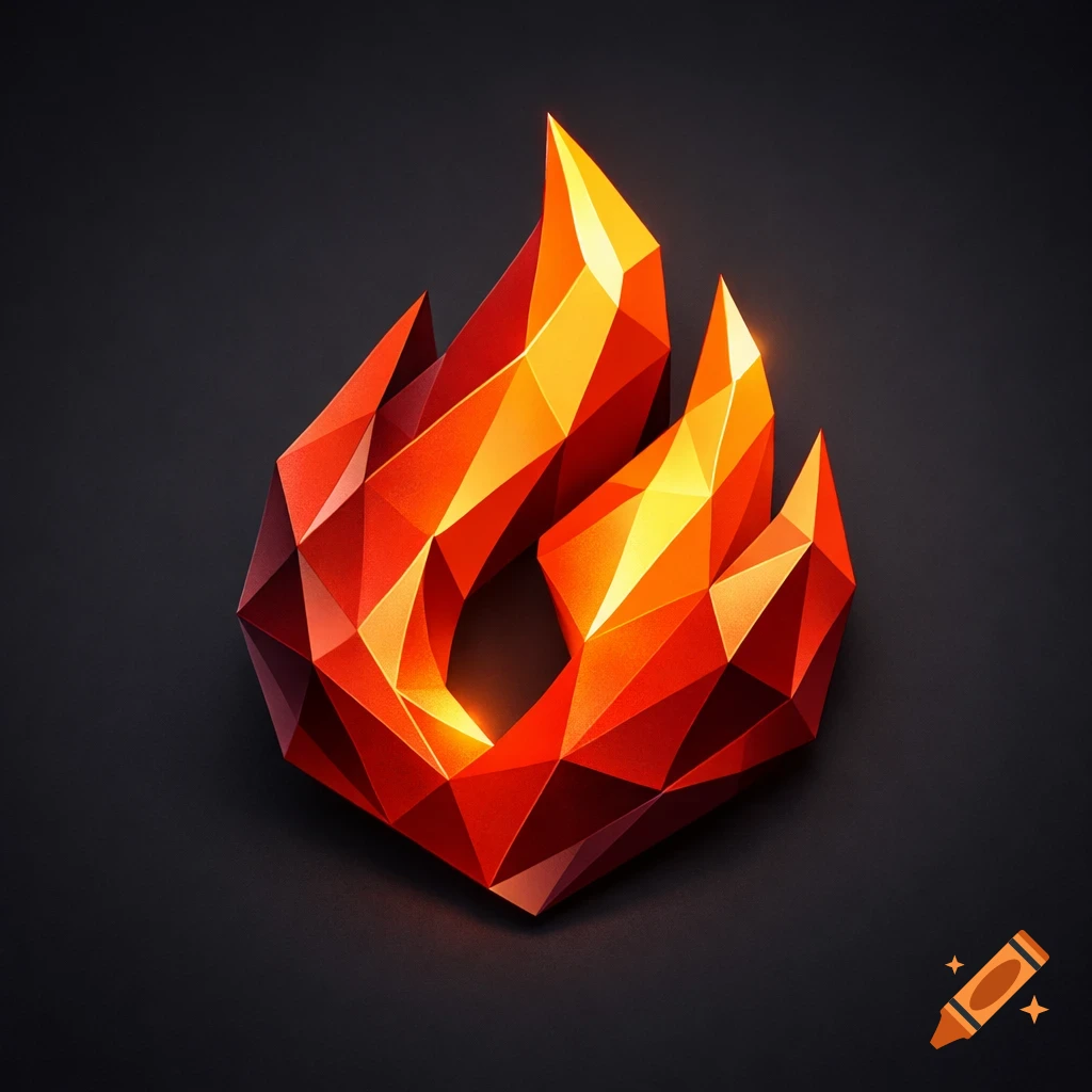 A stylized low-poly fire logo, depicted with sharp facets in shades of orange, red, and yellow against a dark background.