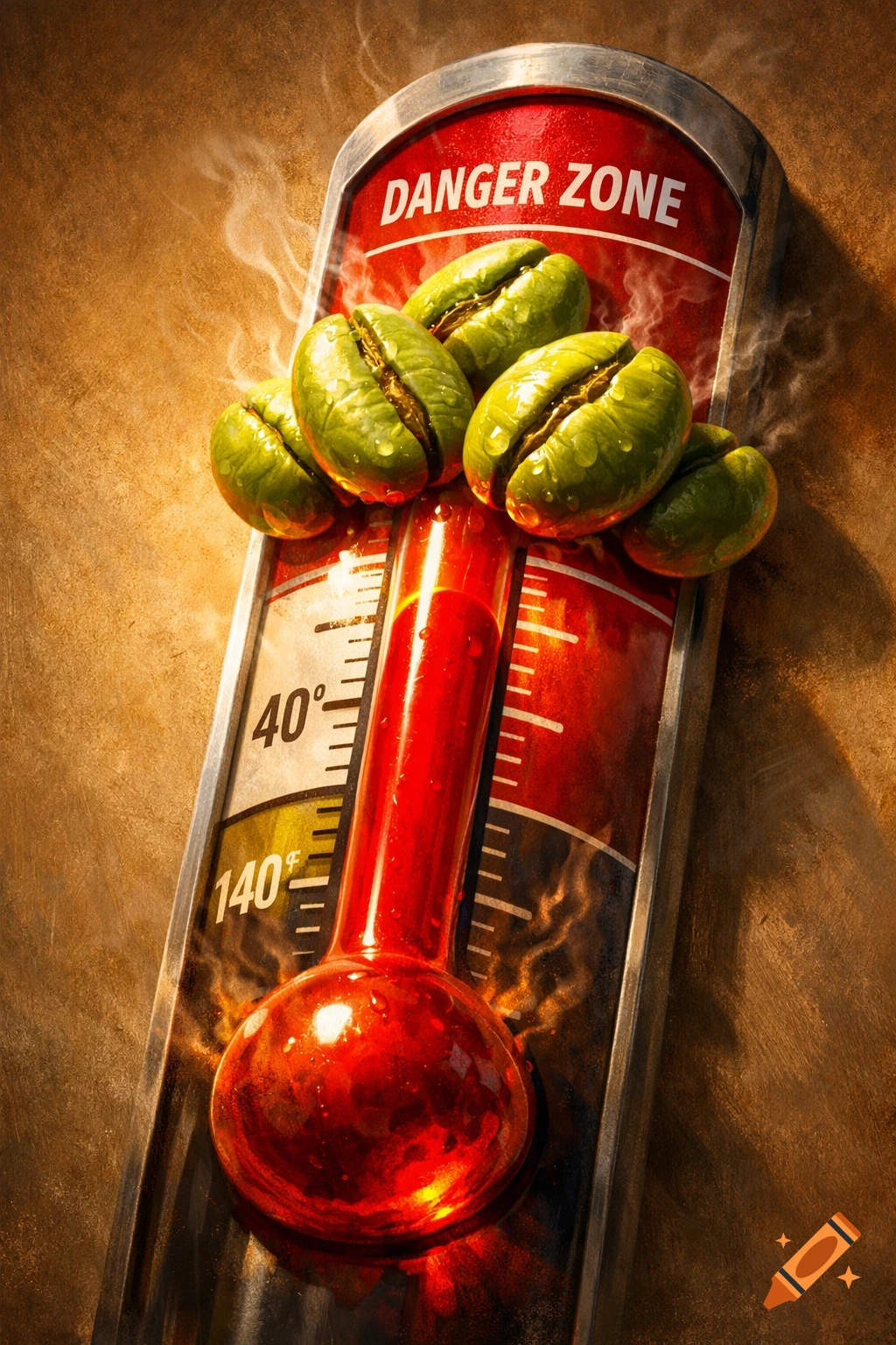A stylized, close-up image of a thermometer showing high heat in a "DANGER ZONE" with green coffee beans steaming on it.
