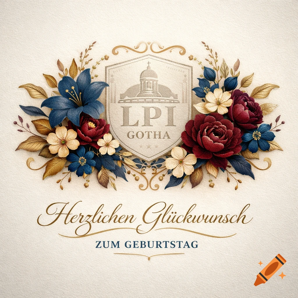 An elegant floral emblem with a crest bearing 'LPI Gotha' surrounded by blue, red, and cream flowers. Below, 'Herzlichen Glückwunsch zum Geburtstag' in script.