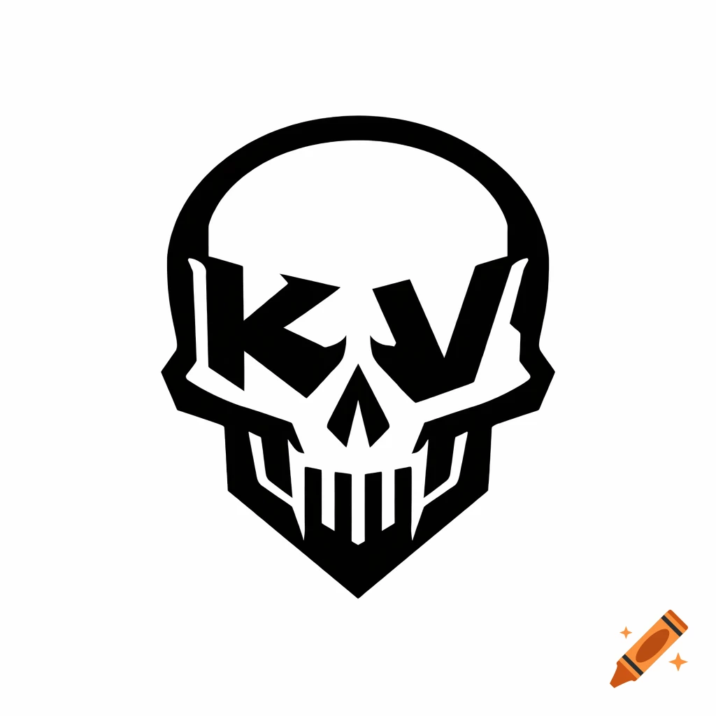 A black and white logo featuring a stylized skull with the letters K and V integrated into its face.