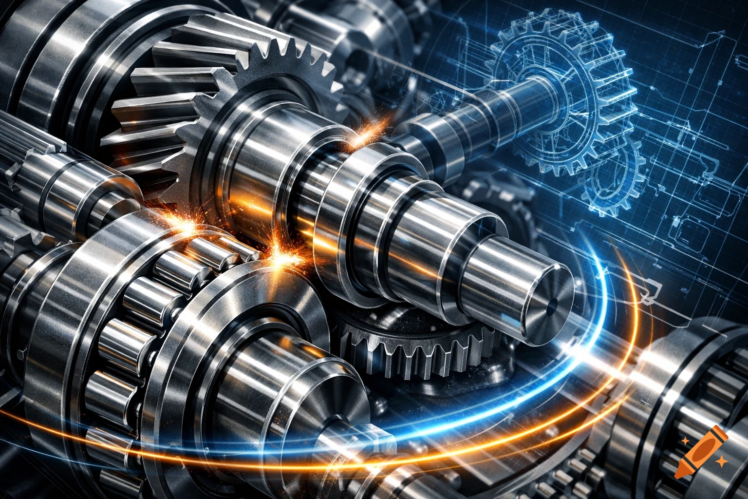 Close-up of shiny metallic gears, shafts, and ball bearings, with orange sparks and glowing blue digital engineering schematics in the background.