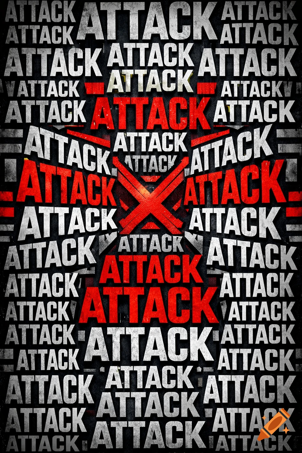 A grunge-style typography poster filled with repeating, overlapping white and red instances of the word "ATTACK," centered around a large red X.