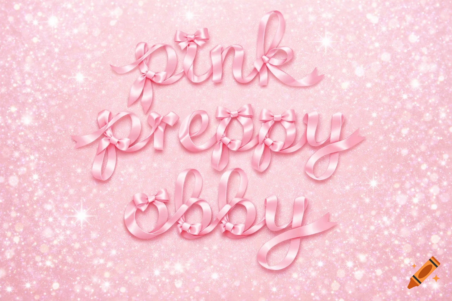 The words 'pink preppy obby' formed by pink ribbons with bows on a sparkling pink glitter background.
