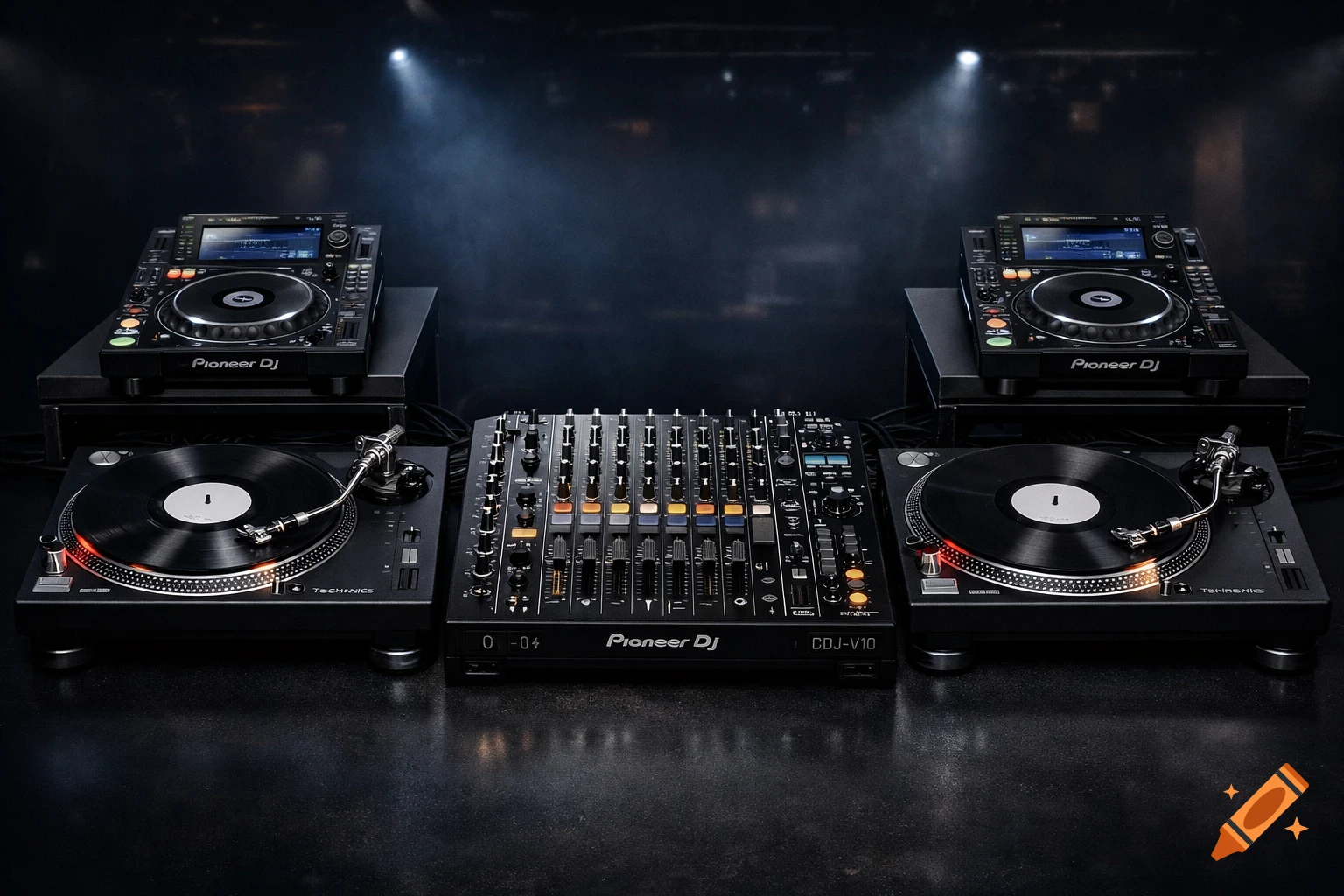 Professional DJ booth setup with a Pioneer DJM-V10 mixer, Technics turntables, and Pioneer CDJ players, illuminated by spotlights.