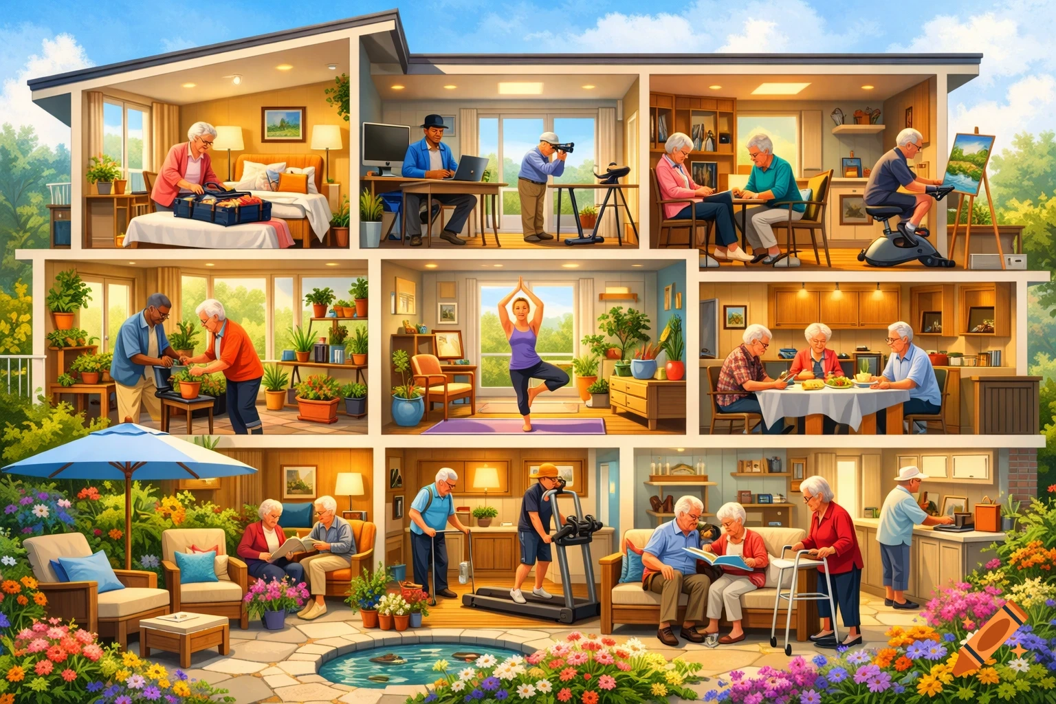 A vibrant cutaway illustration of a multi-story house and garden filled with diverse elderly people engaged in various daily activities.