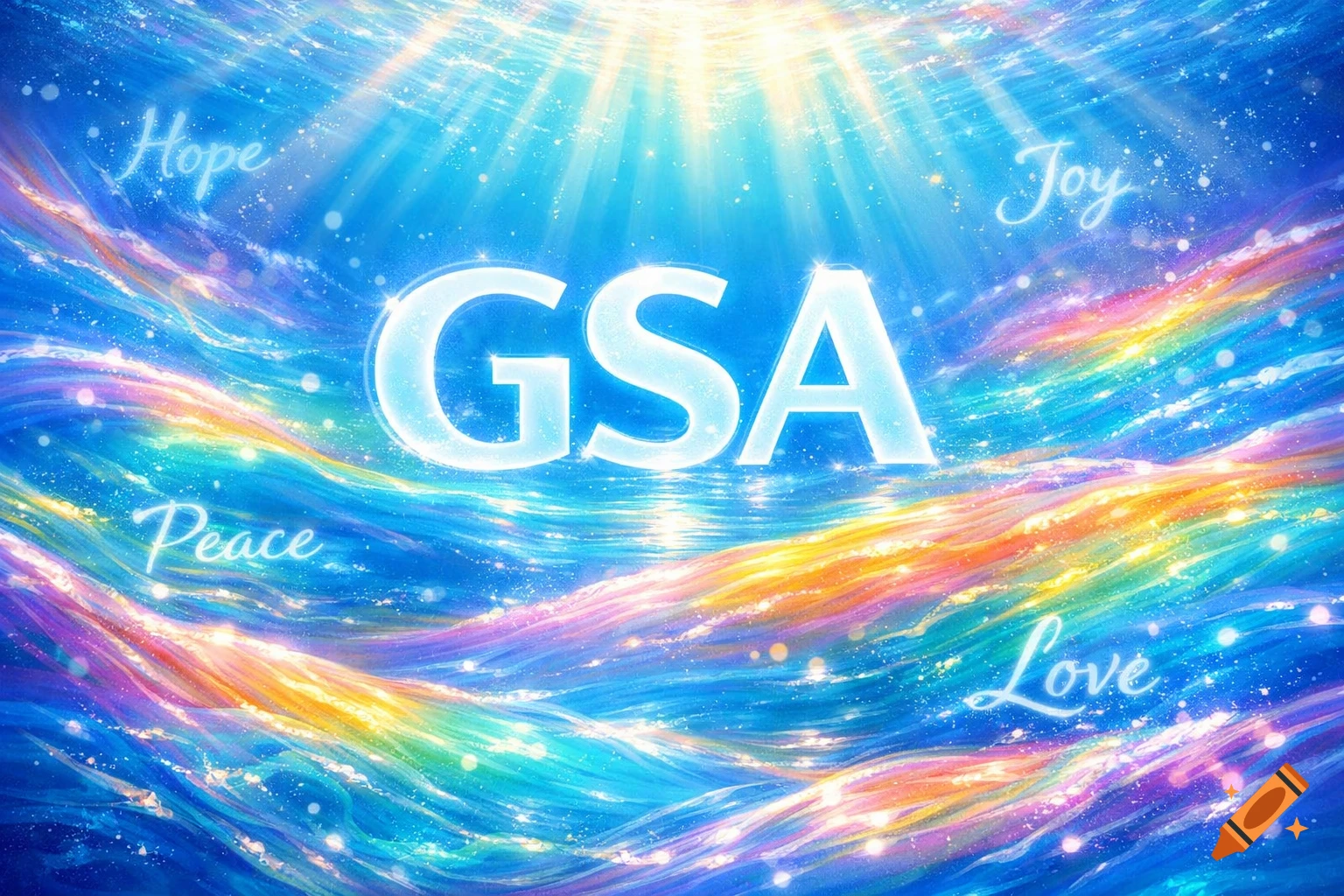 A vibrant, glowing image with the letters GSA at the center, surrounded by shimmering rainbow waves and words like Hope, Peace, Joy, and Love.
