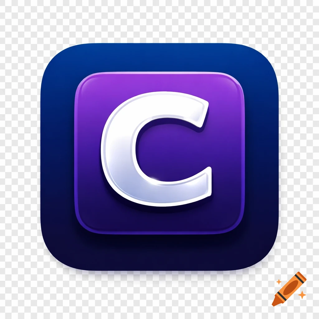 A stylized white and shiny letter C on a purple rounded square icon with a subtle shadow, floating on a dark blue rounded square background.