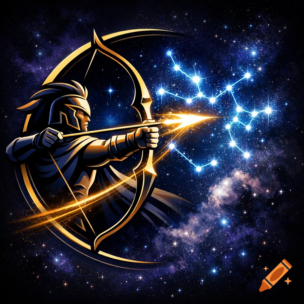 A stylized Sagittarius archer in dark armor with a golden bow and glowing arrow aims at a bright blue Sagittarius constellation against a starry galaxy background.