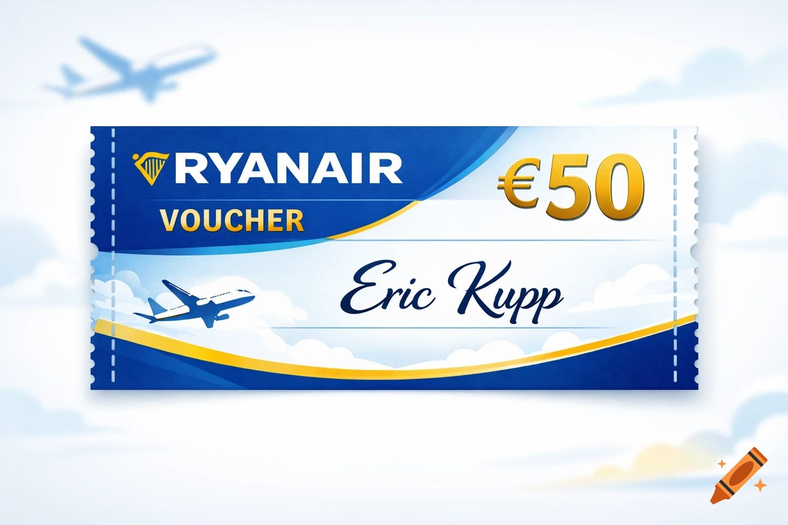 A blue and gold Ryanair voucher for "€50" featuring an airplane and the name "Eric Kupp".