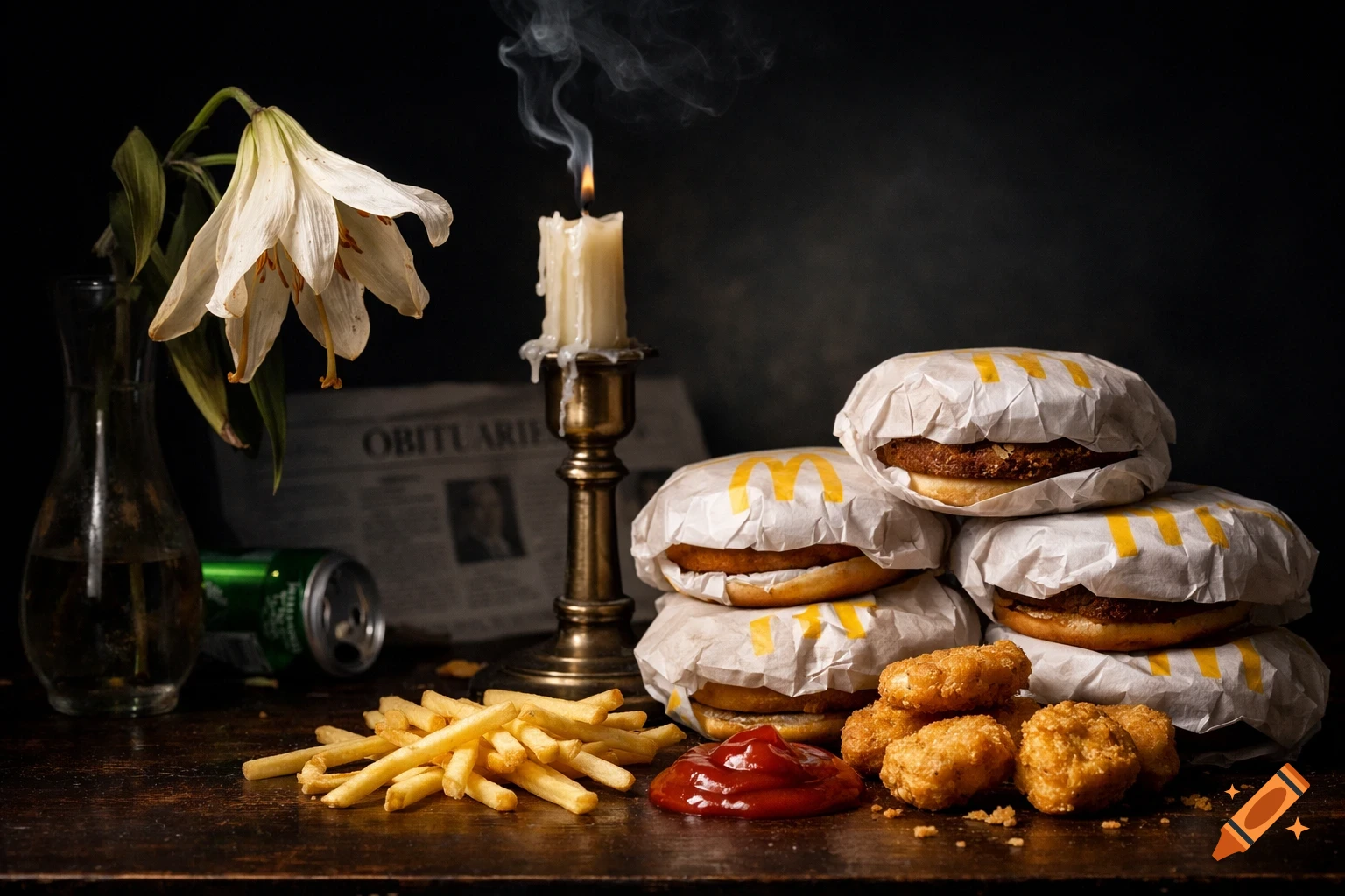 Still life of fast food: burgers, fries, nuggets, and ketchup next to a wilting lily, a smoking candle, and an obituary newspaper.