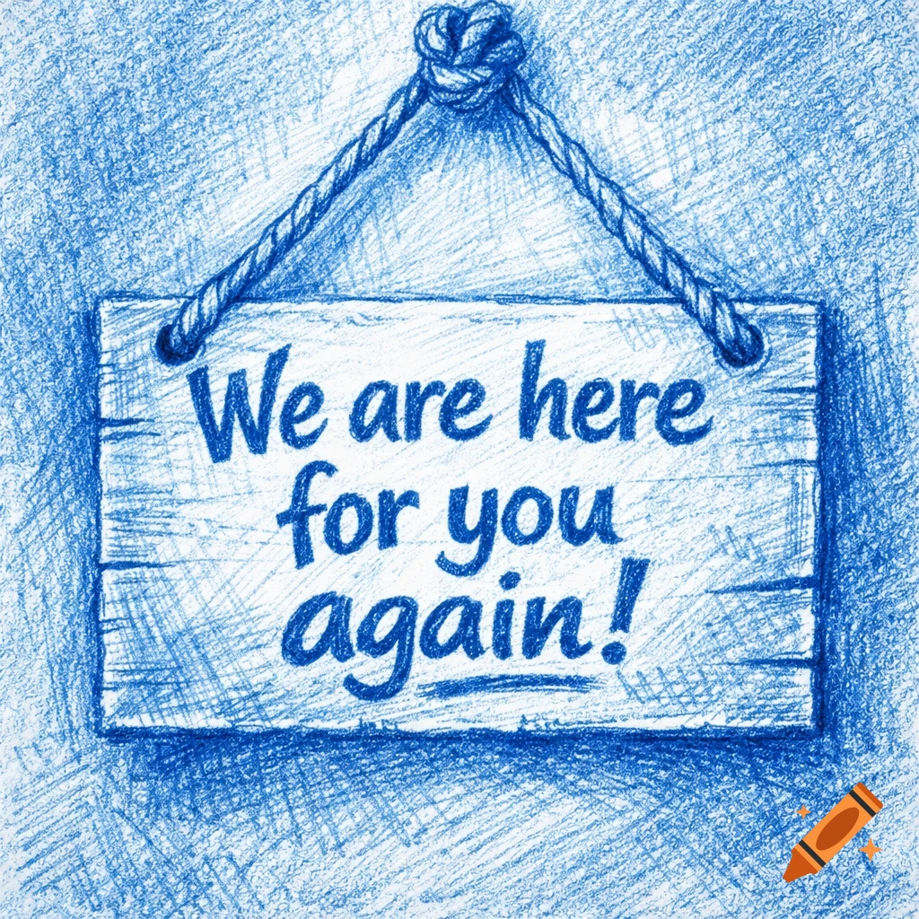 Blue crayon sketch of a wooden hanging sign with the text "We are here for you again!"