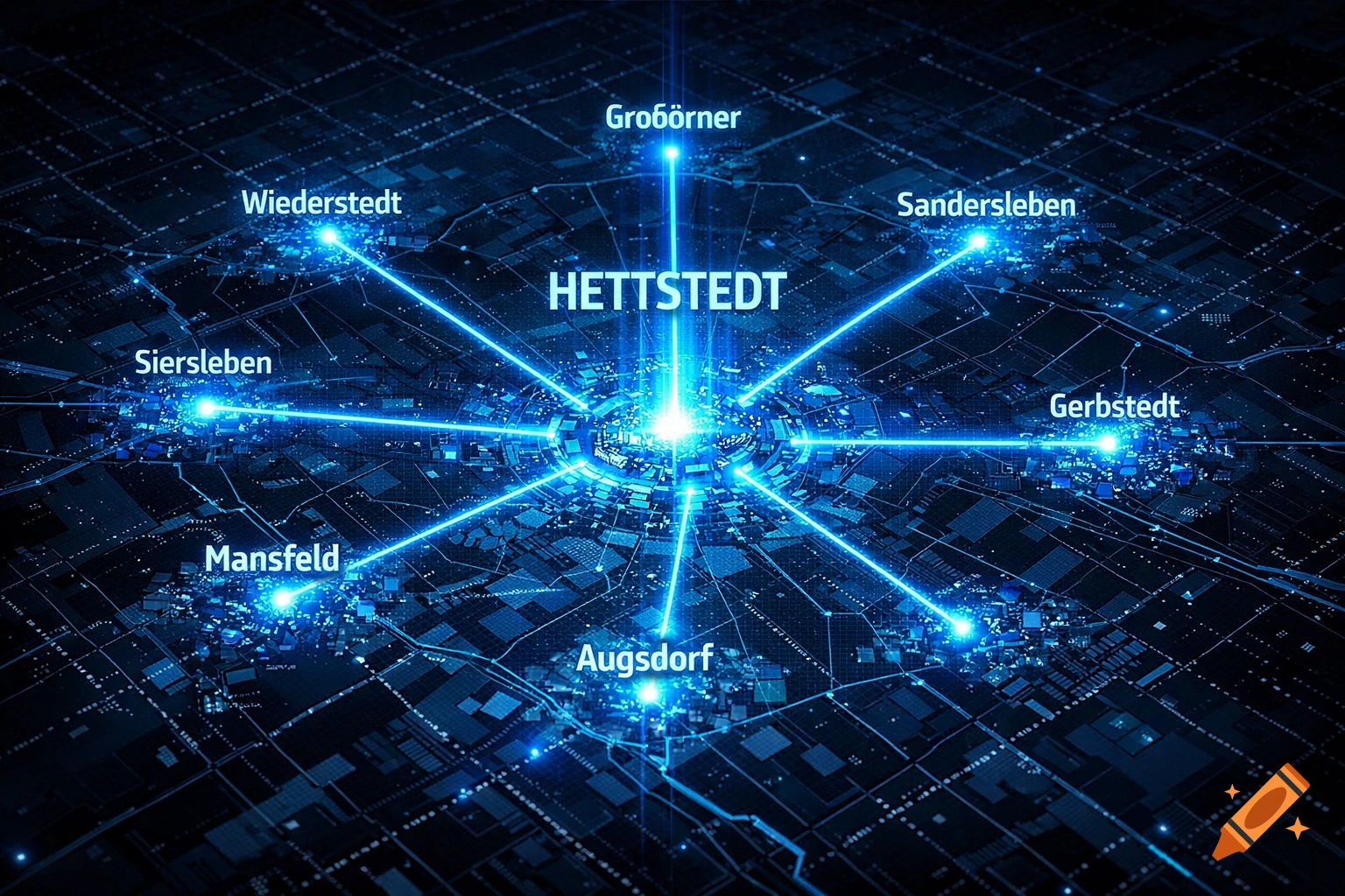 A glowing blue futuristic 3D map of Hettstedt as a central hub, with rays connecting to surrounding towns.
