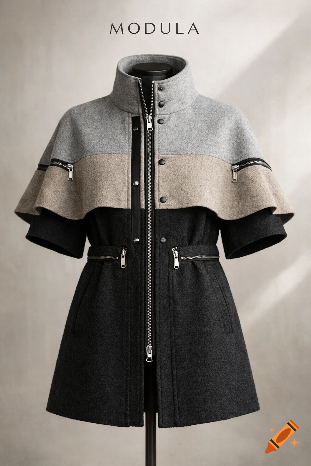 A modern, modular wool coat named 'MODULA' on a mannequin, featuring color blocks of light gray, beige, and black with numerous visible zippers and buttons.