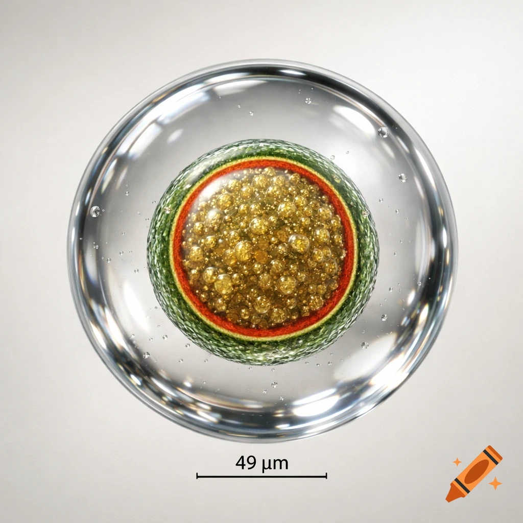 High-resolution scientific illustration of a cell-like structure inside a clear spherical droplet, with a 49 µm scale.