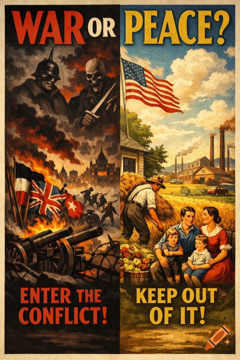 Vintage propaganda poster split between a dark war scene on the left and a bright peace scene on the right, with text: WAR OR PEACE?, ENTER THE CONFLICT!, KEEP OUT OF IT!