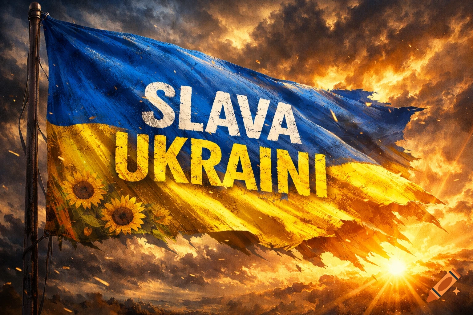 Distressed Ukrainian flag with 'SLAVA UKRAINI' and sunflowers against a fiery sunset sky.
