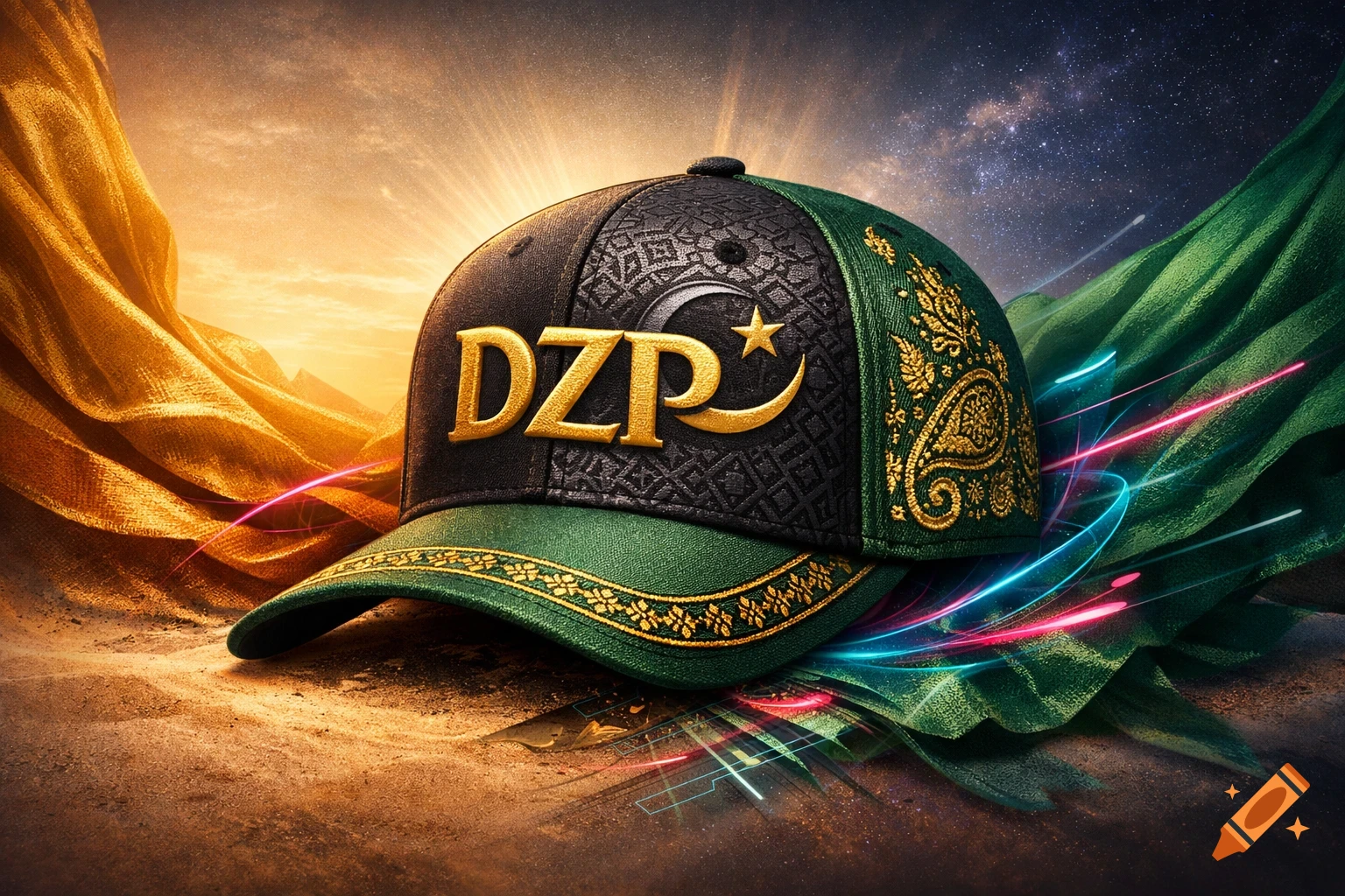 Black and green baseball cap with gold 'DZP' logo and cultural symbols, against a dynamic background of desert and starry night.