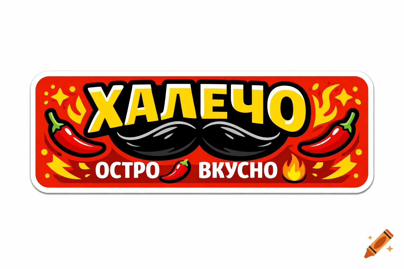 Red and yellow sticker with a black mustache, two red chili peppers, yellow text 'ХАЛЕЧО', and white text 'ОСТРО ВКУСНО'
