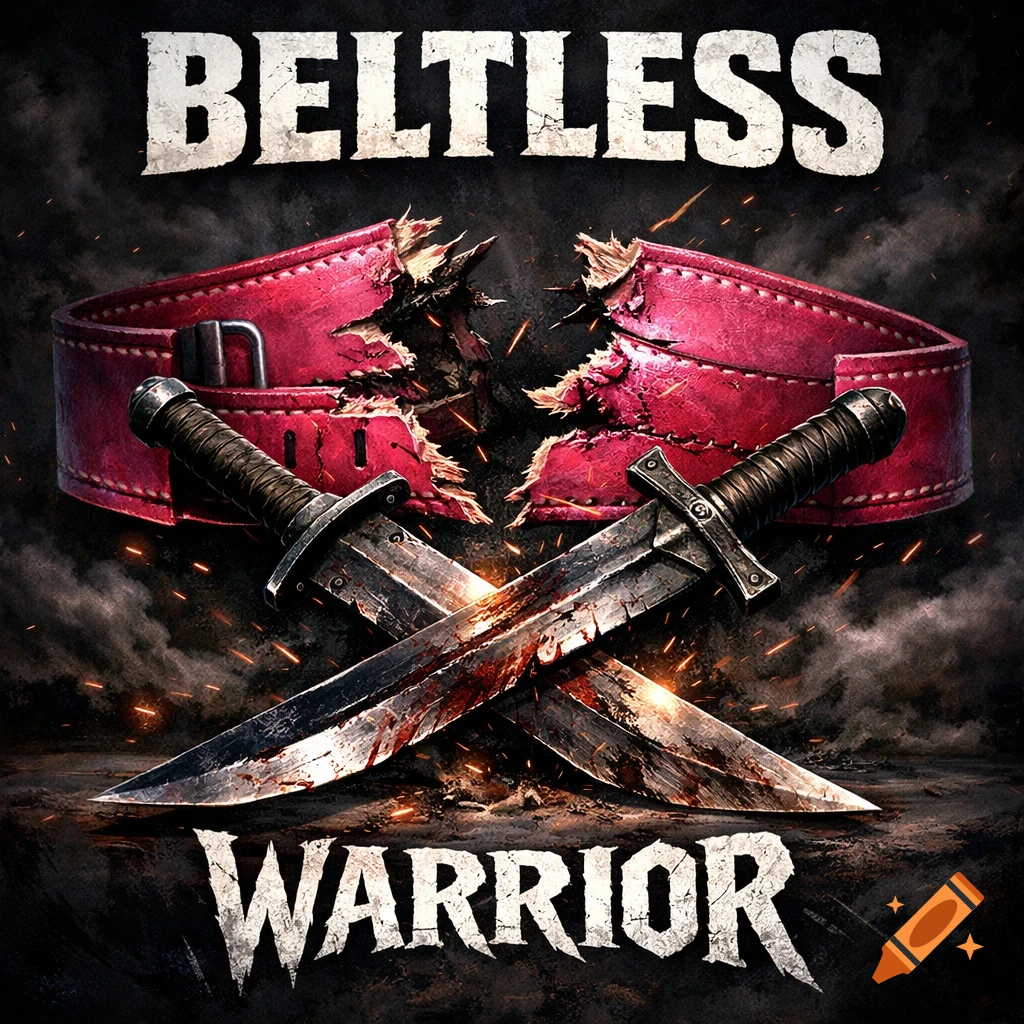 A ripped red weightlifting belt behind two bloodied, crossed swords, with 'BELTLESS' above and 'WARRIOR' below on a dark, gritty background.