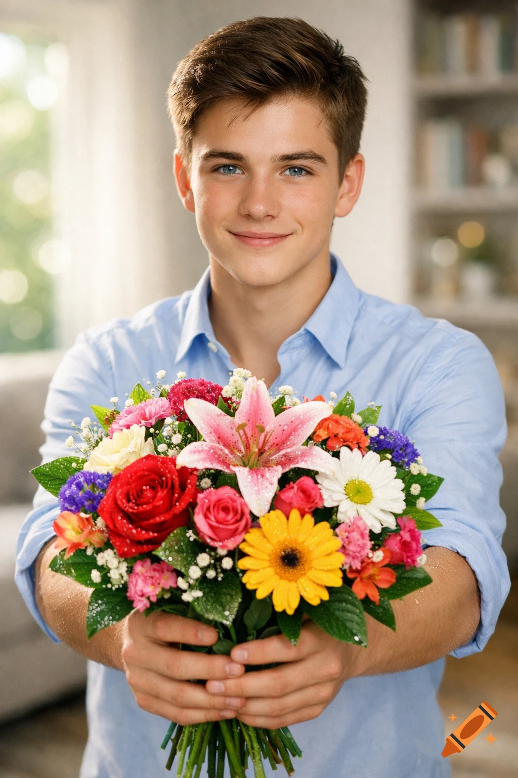 A smiling young man in a blue shirt holds a vibrant bouquet of roses, lilies, and daisies.