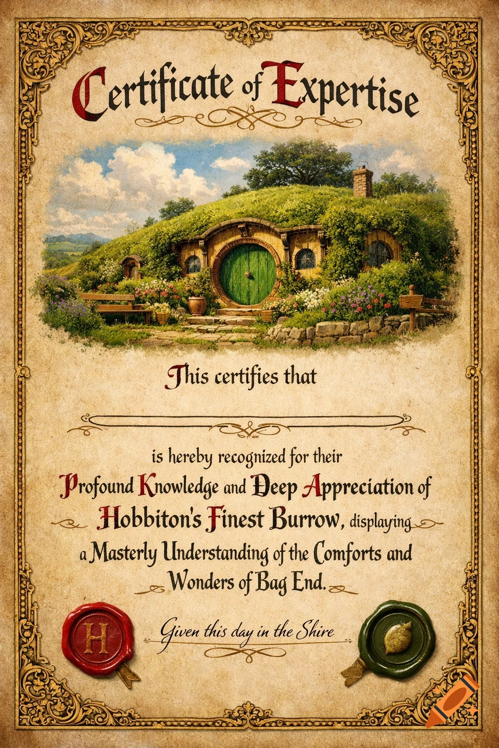 Decorative certificate with intricate borders and text, featuring a detailed illustration of a hobbit hole (Bag End) nestled in a green hillside with flowers.