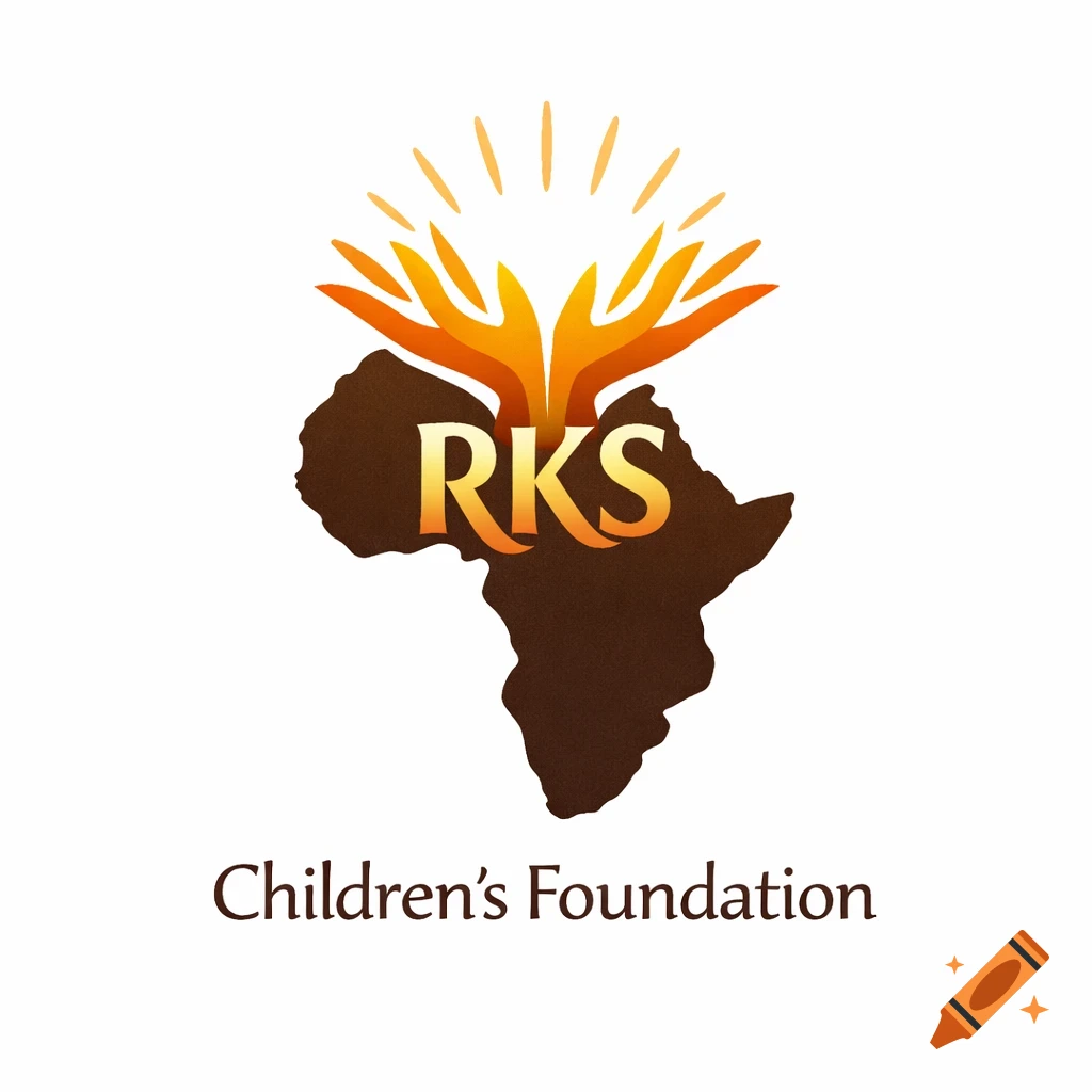Logo for RKS Children's Foundation, featuring a brown outline of Africa, with stylized orange hands and glowing sunrays above it, and the text "RKS" on the map and "Children's Foundation" below.