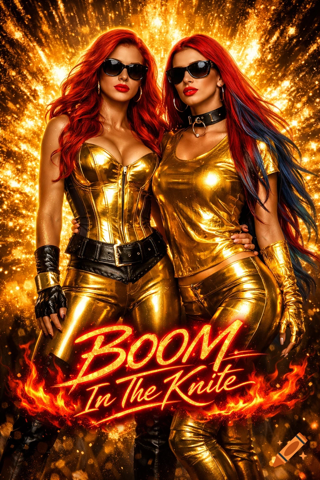 Two women with vibrant red hair, sunglasses, and golden outfits stand against a fiery gold explosion, with 'BOOM In The Knite' in red flames.