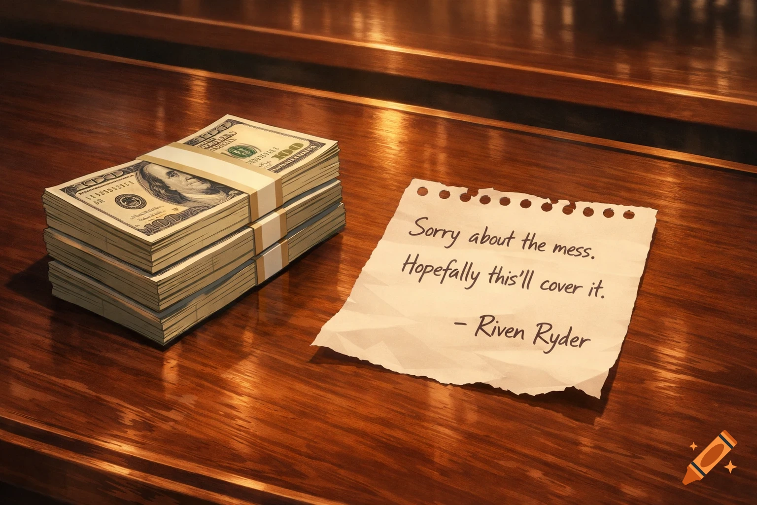 Anime style image of a stack of cash next to a crumpled note reading, "Sorry about the mess. Hopefully this'll cover it. - Riven Ryder" on a wooden bar.