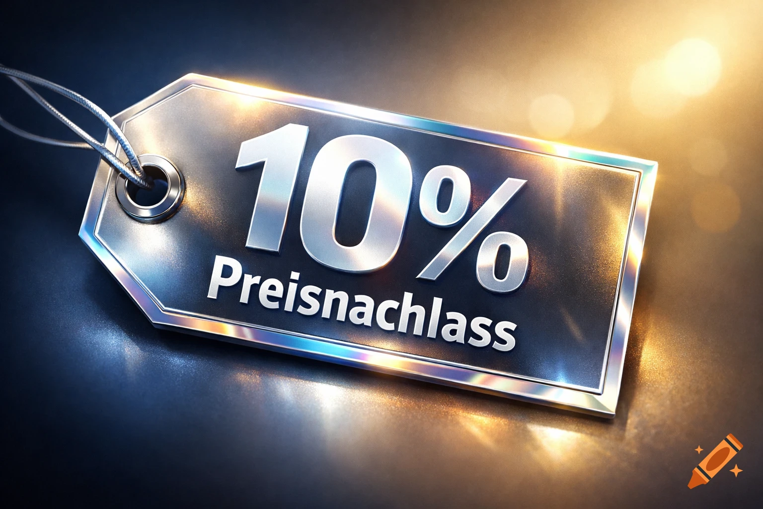 A metallic price tag with '10% Preisnachlass' in silver text, hanging on a string, with bokeh lights in the background.