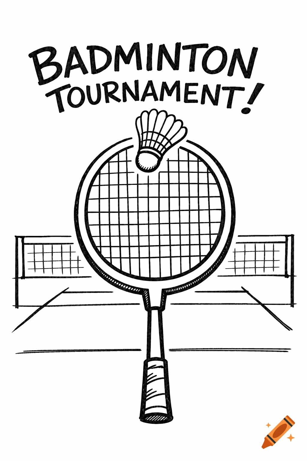 A black and white hand-drawn illustration for a badminton tournament poster, featuring a racket and shuttlecock with court lines.